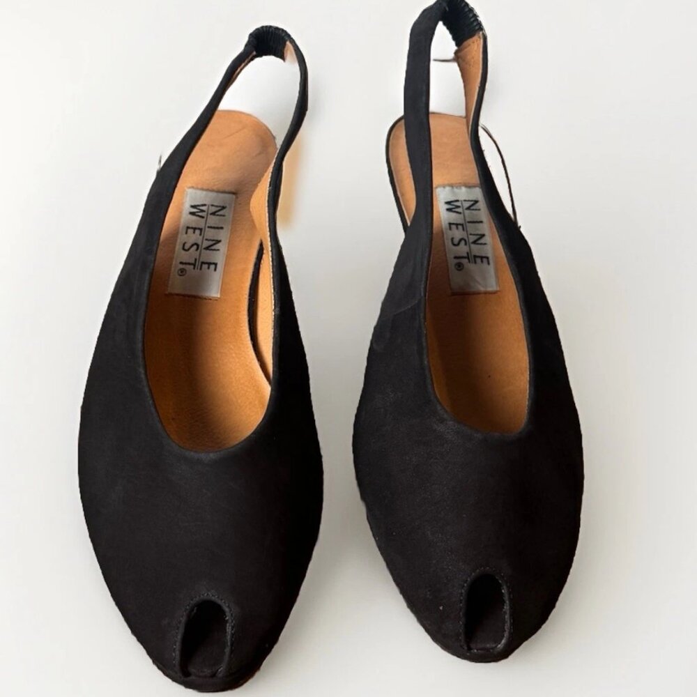 (8)NINE WEST "IDA" Tiny Peep Toe Slingback Black Suede Wedge Heels - Picture 10 of 10